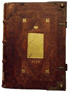 Das Bild zeigt einen alten Bucheinband von 1557