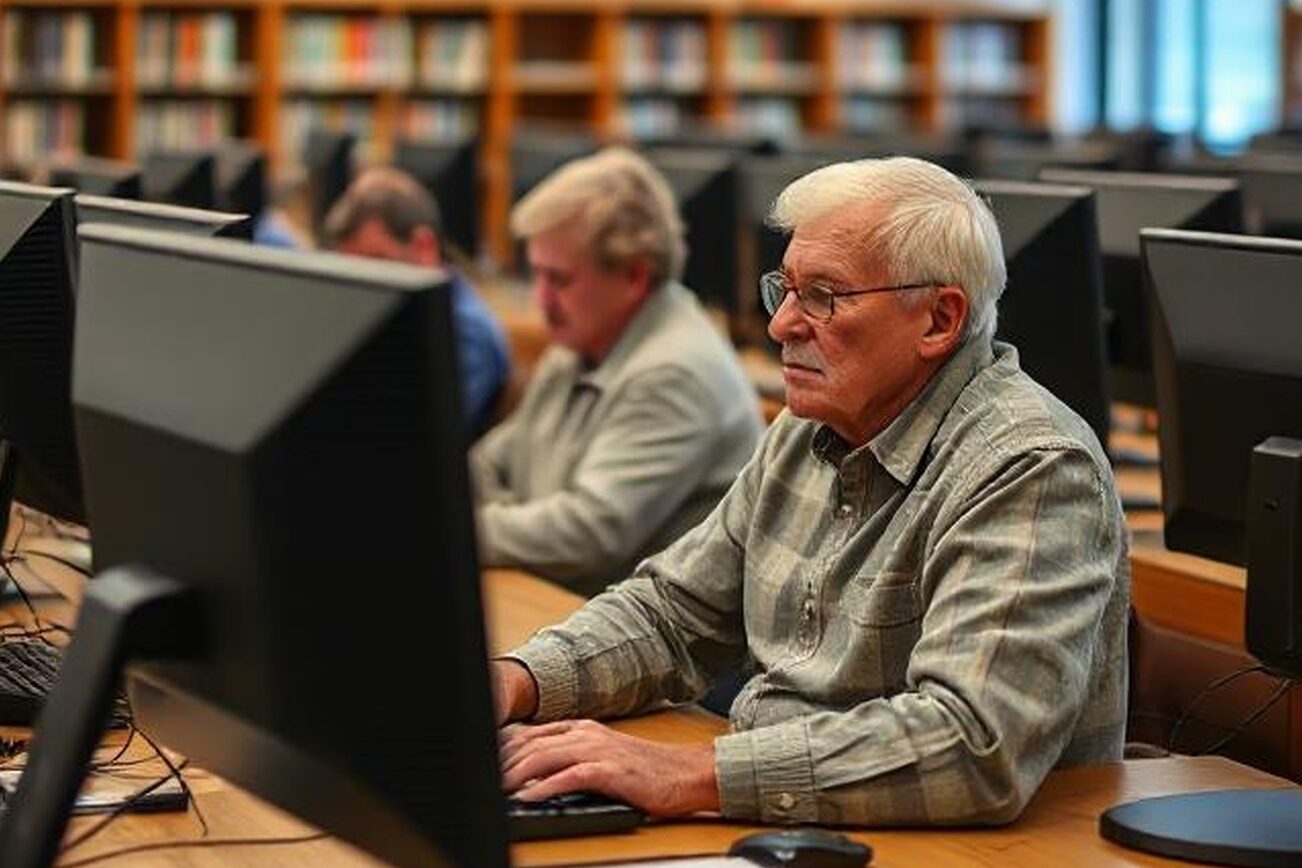 Das Bild zeigt Senioren, die an PCs arbeiten