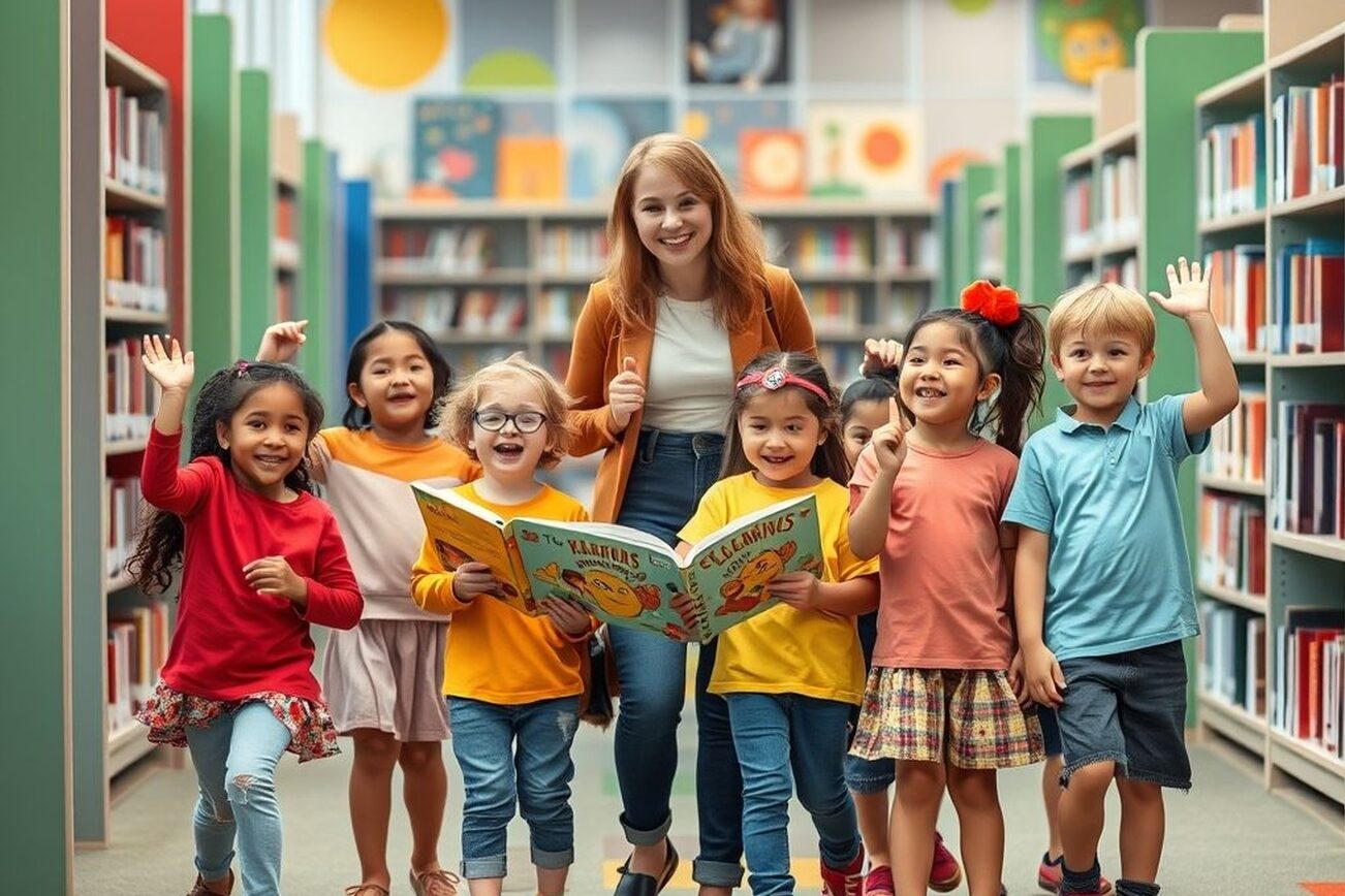 Das Bild zeigt eine Frau mit Kindern in der Bücherei