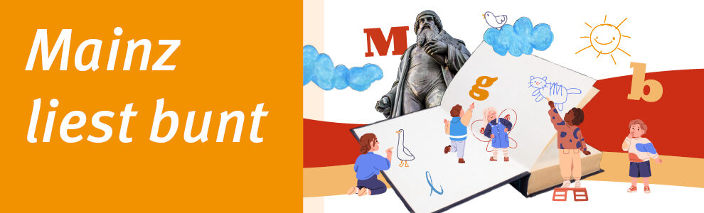 Bunte Graphik mit Menschen, einem Buch und Gutenberg