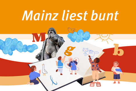 Bunte Graphik mit Menschen, einem Buch und Gutenberg