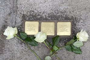 Drei Stolpersteine mit Rosen daneben. © Landeshautpstadt Mainz