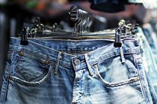 Jeans auf Kleiderbügeln