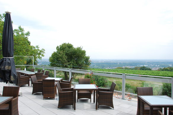 Blick ins rheinhessische Umland von der Terrasse des Hofguts